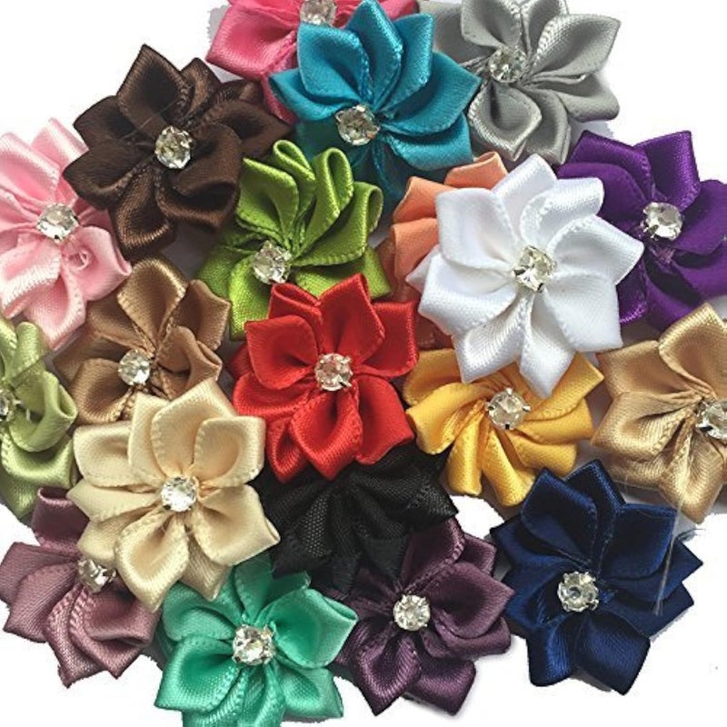 Chenkou Craft Mix 40pcs 28mm(1 1/8") Satin Ribbon Flowers Bows Rhinestone Wedding Ornament Appliques - Image 1